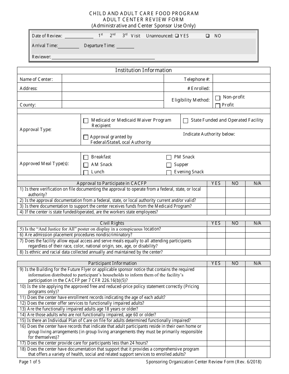 Adult Center Review Form (Administrative and Center Sponsor Use Only) - Child and Adult Care Food Program - Georgia (United States), Page 1