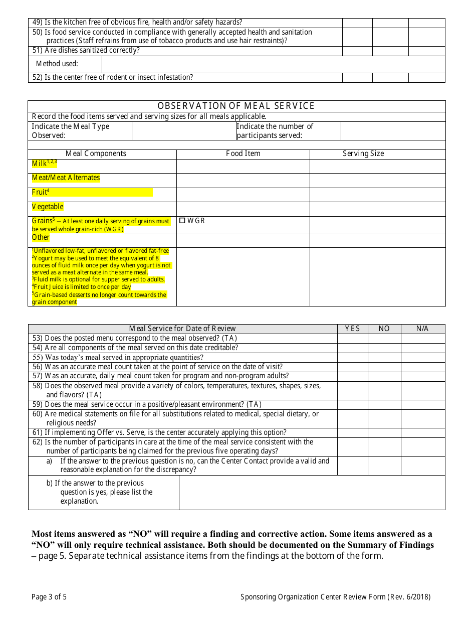Adult Center Review Form (Administrative and Center Sponsor Use Only) - Child and Adult Care Food Program - Georgia (United States), Page 3