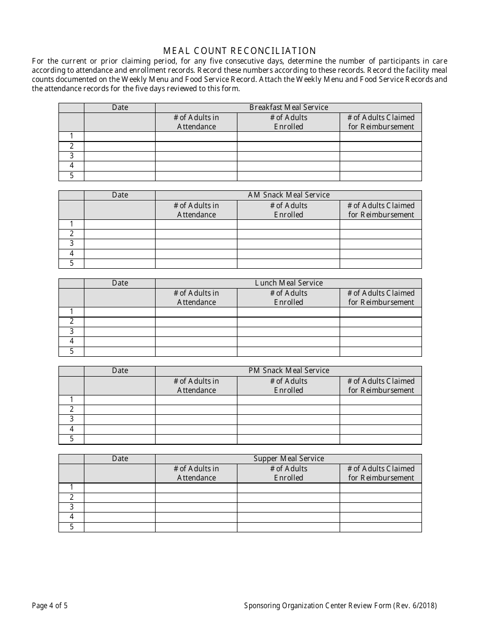 Adult Center Review Form (Administrative and Center Sponsor Use Only) - Child and Adult Care Food Program - Georgia (United States), Page 4