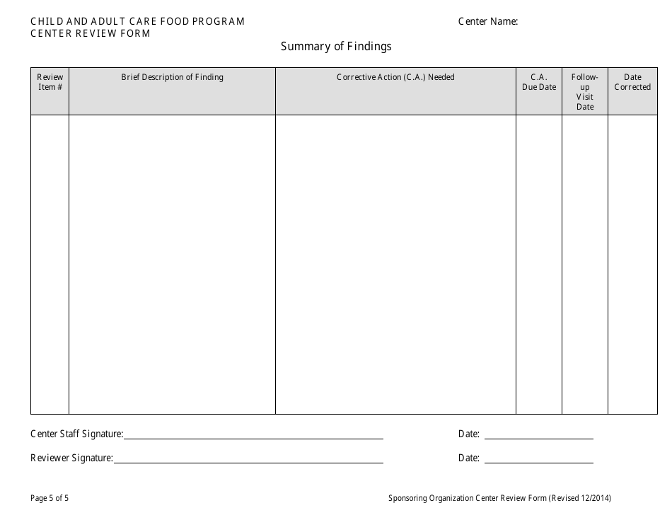 Adult Center Review Form (Administrative and Center Sponsor Use Only) - Child and Adult Care Food Program - Georgia (United States), Page 5