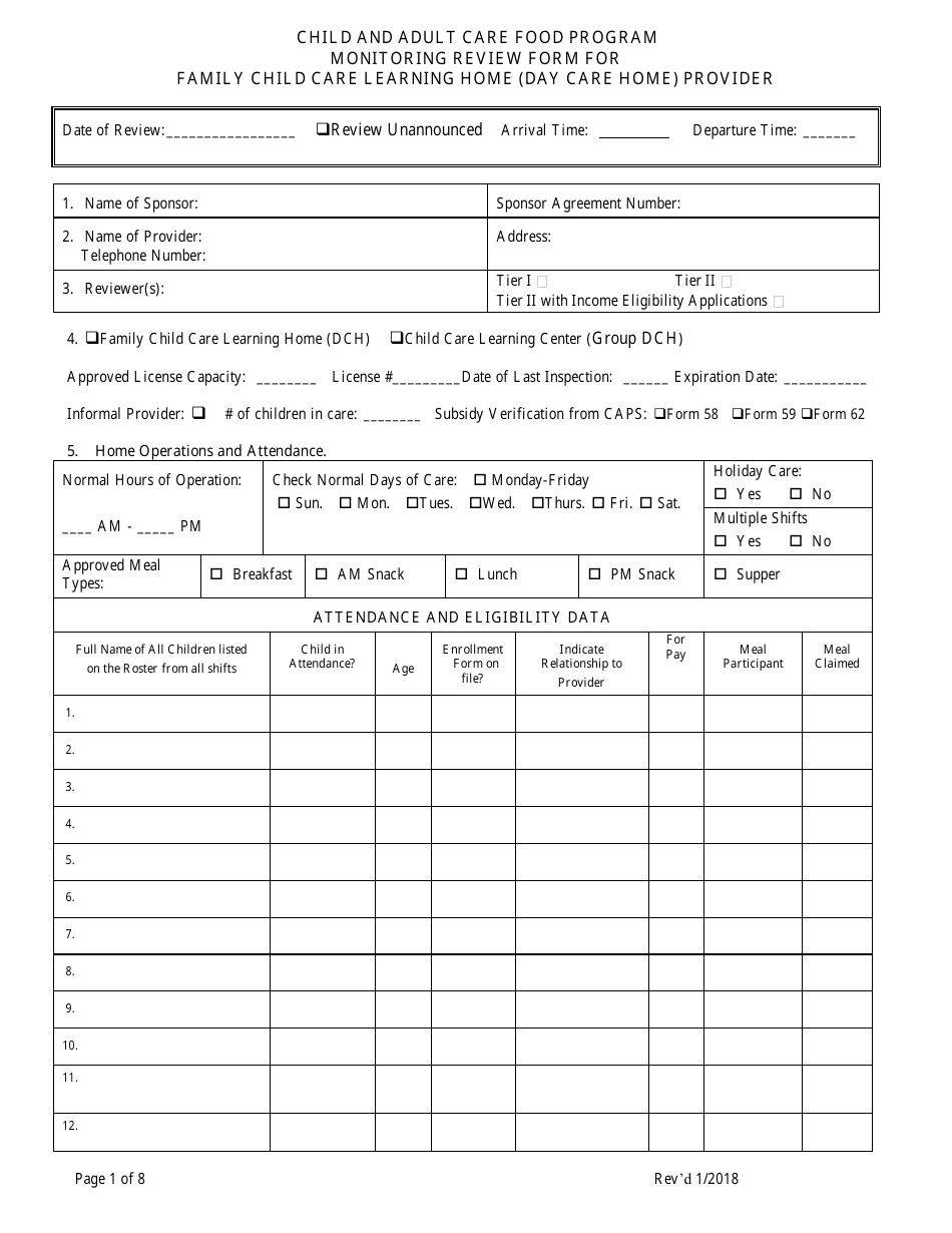 Monitoring Review Form for Family Child Care Learning Home (Day Care Home) Provider - Child and Adult Care Food Program - Georgia (United States), Page 1