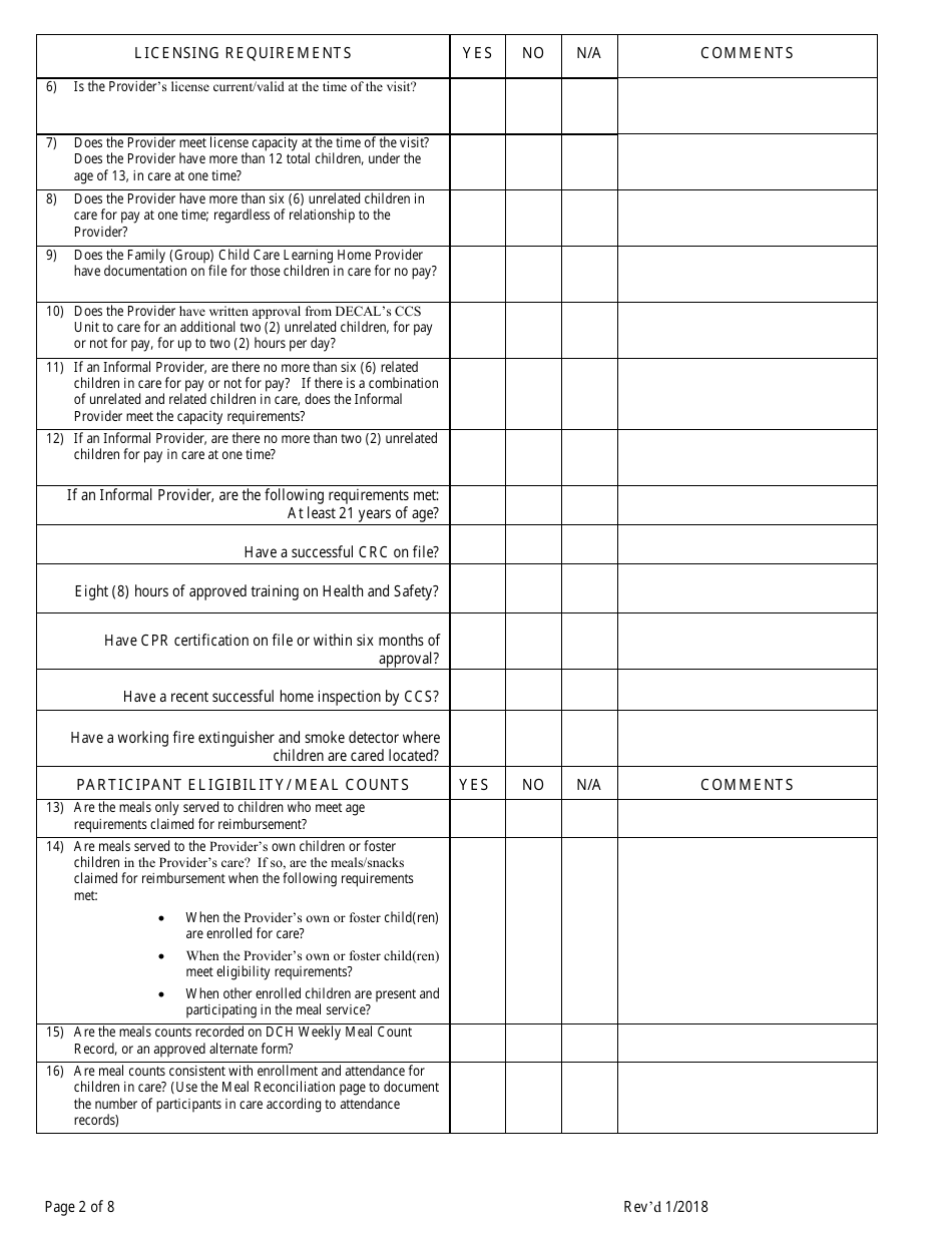 Georgia (United States) Monitoring Review Form for Family Child Care ...