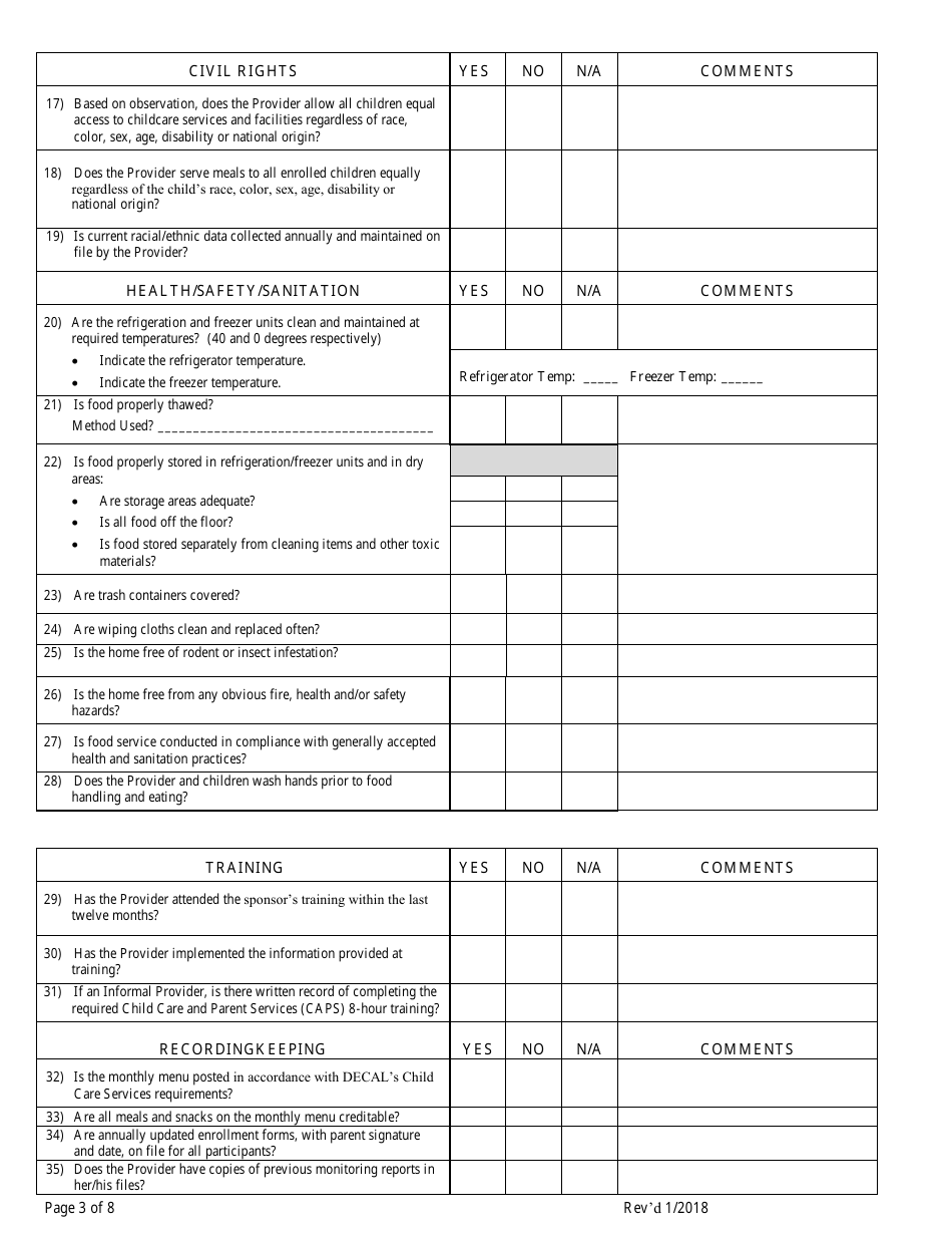 Georgia (United States) Monitoring Review Form for Family Child Care ...