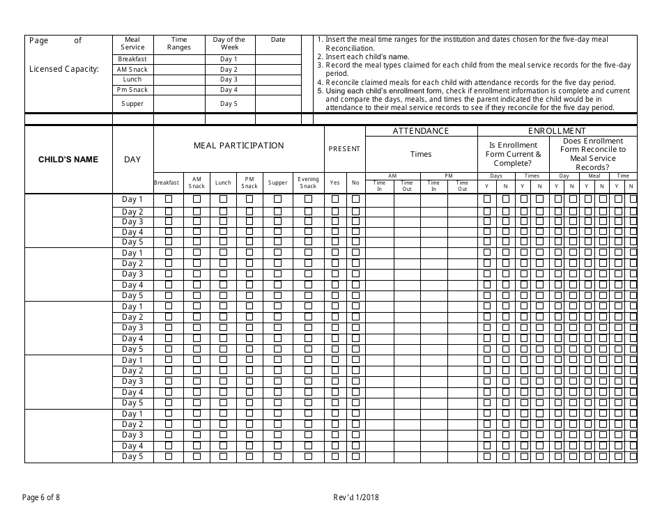 Monitoring Review Form for Family Child Care Learning Home (Day Care Home) Provider - Child and Adult Care Food Program - Georgia (United States), Page 6