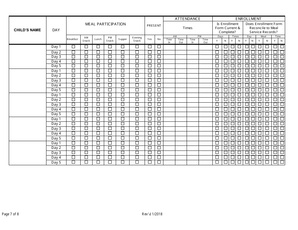 Monitoring Review Form for Family Child Care Learning Home (Day Care Home) Provider - Child and Adult Care Food Program - Georgia (United States), Page 7