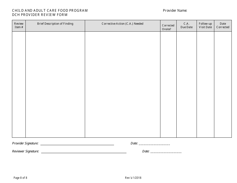 Monitoring Review Form for Family Child Care Learning Home (Day Care Home) Provider - Child and Adult Care Food Program - Georgia (United States), Page 8