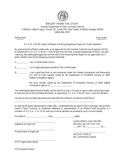 Affidavit Verifying Applicant Status for Public Benefits - Georgia (United States) Download Pdf