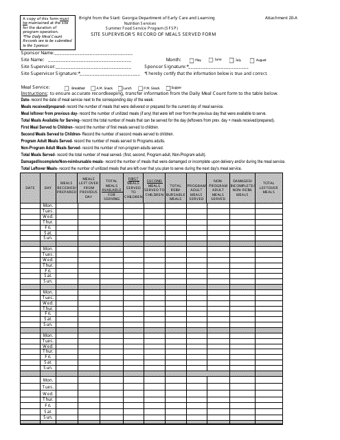Attachment 20-A Site Supervisor's Record of Meals Served Form - Georgia (United States)