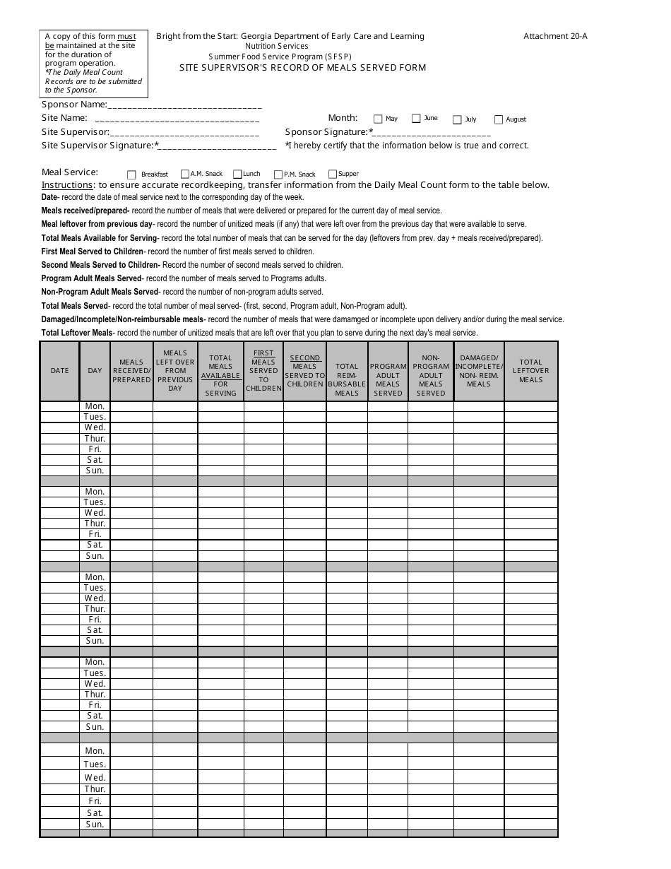 Attachment 20-A Site Supervisors Record of Meals Served Form - Georgia (United States), Page 1