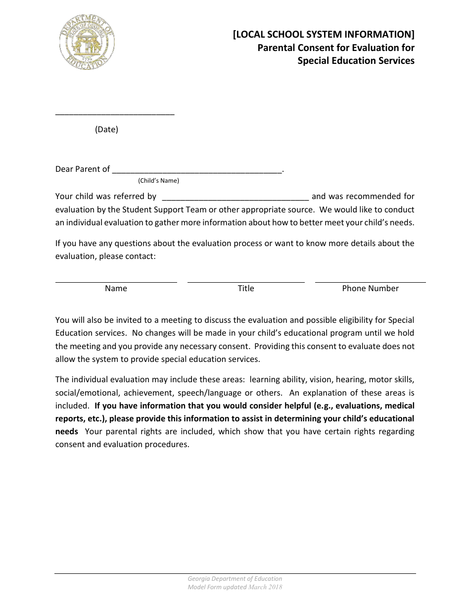 Parental Consent for Evaluation for Special Education Services - Georgia (United States), Page 1