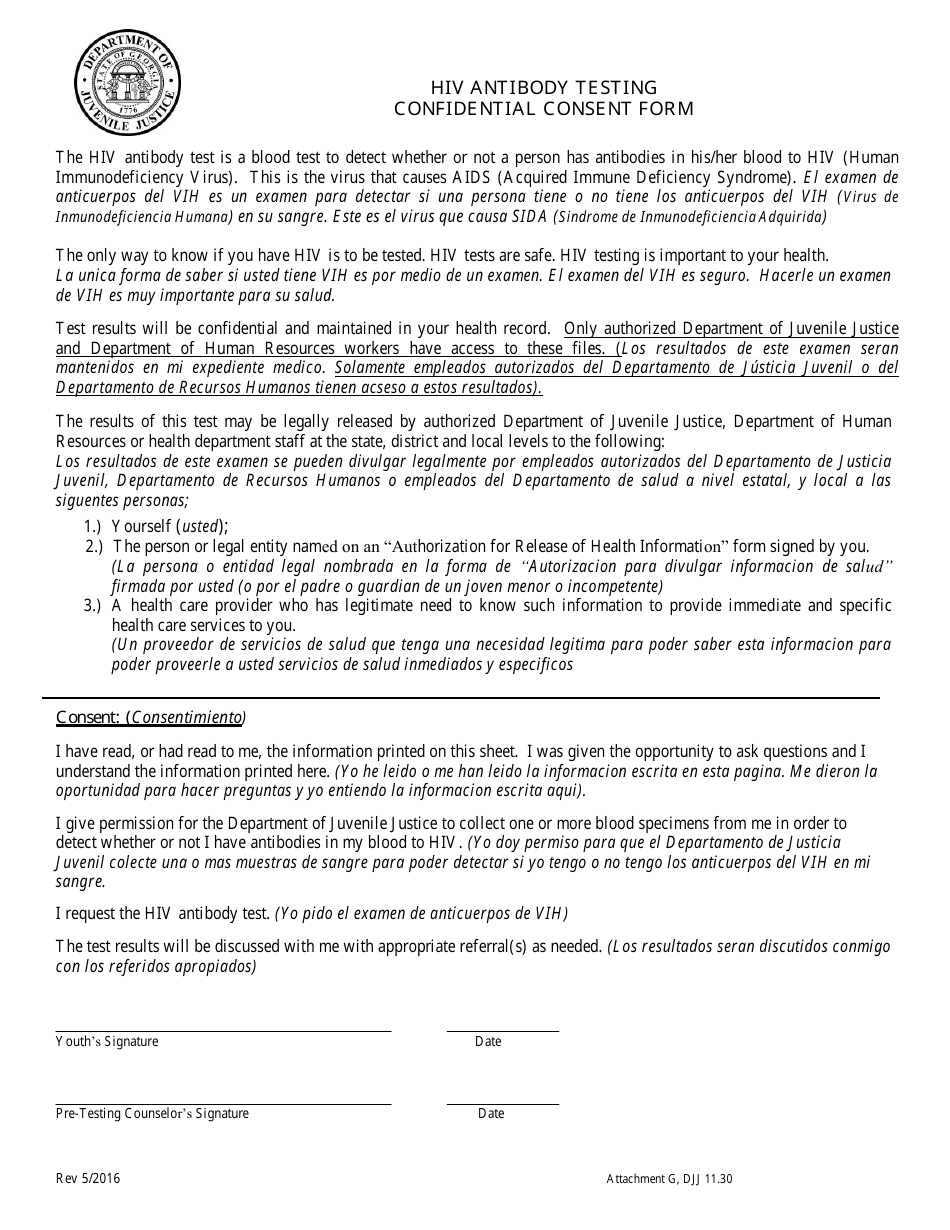 Attachment G HIV Antibody Testing Confidential Consent Form - Georgia (United States), Page 1