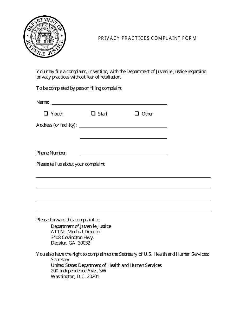 Privacy Practices Complaint Form - Georgia (United States), Page 1