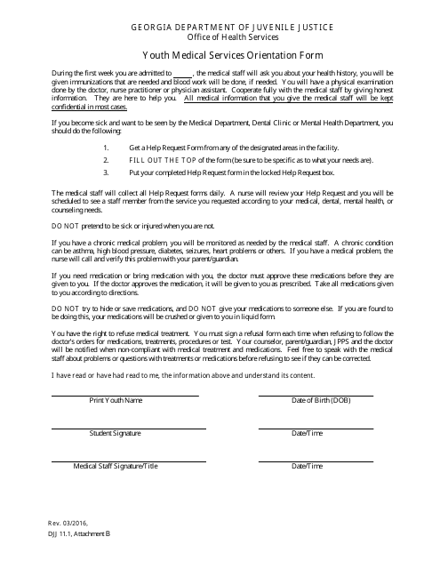 Attachment B Youth Medical Services Orientation Form - Georgia (United States)