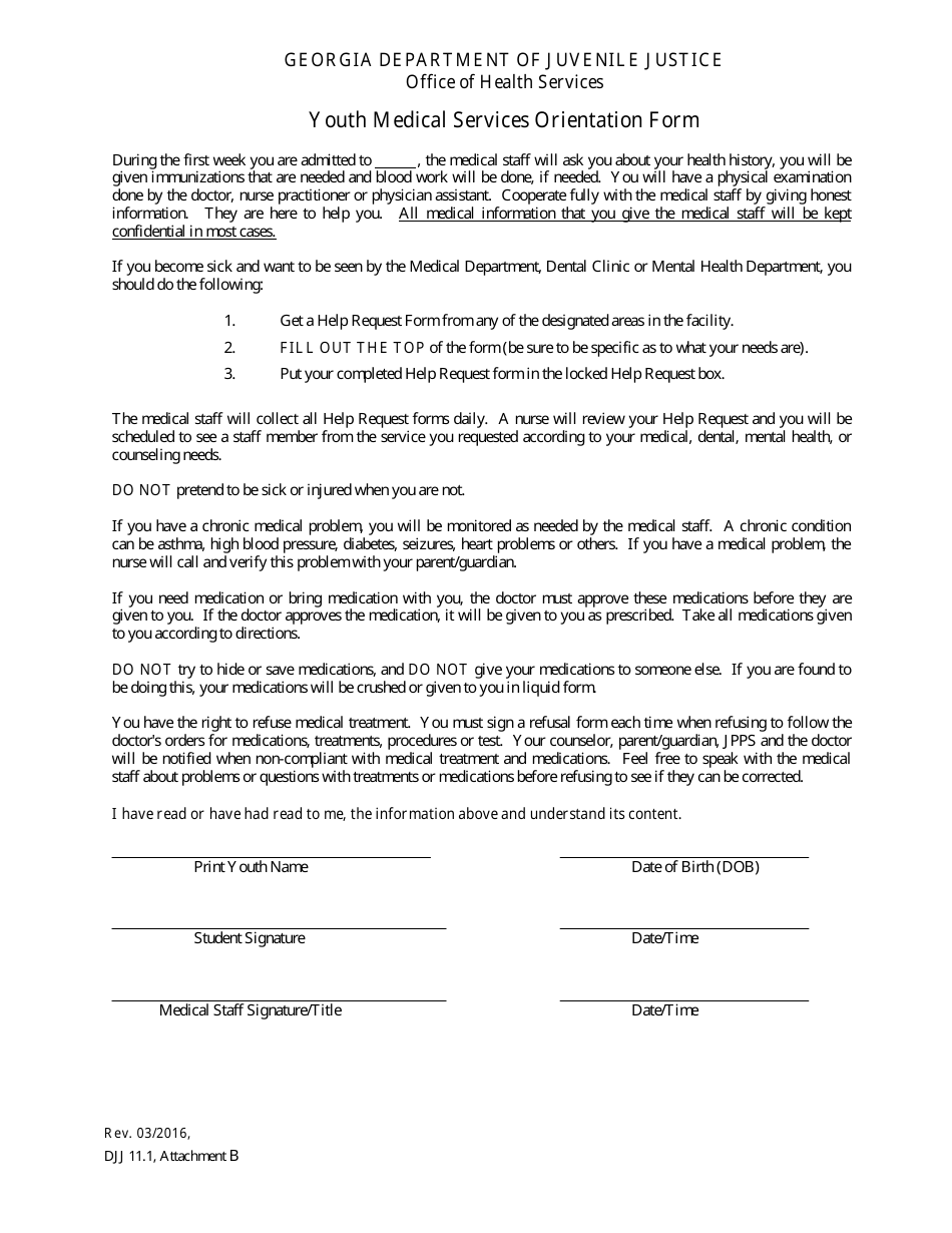 Attachment B Youth Medical Services Orientation Form - Georgia (United States), Page 1