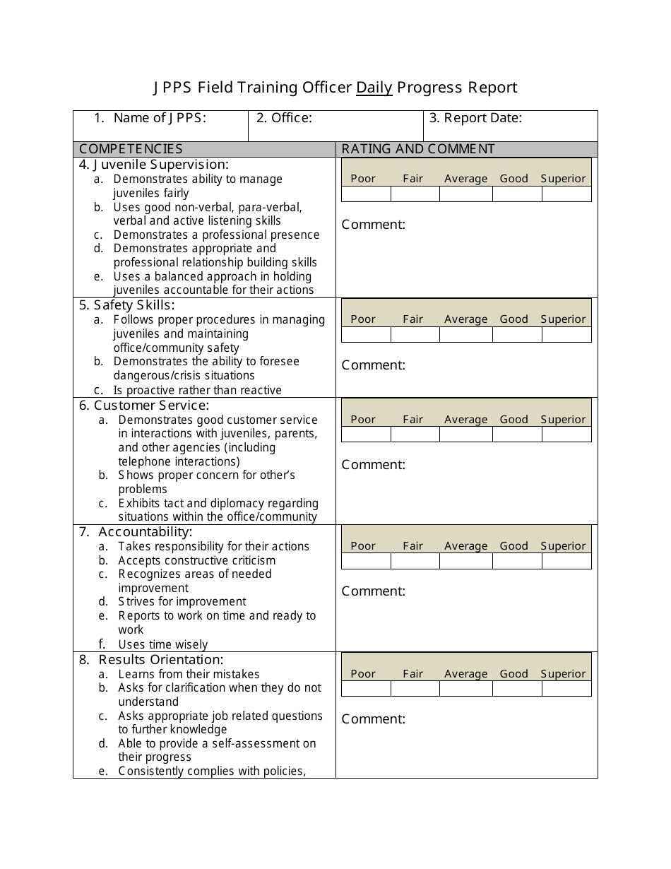 Jpps Field Training Officer Daily Progress Report Form - Georgia (United States), Page 1