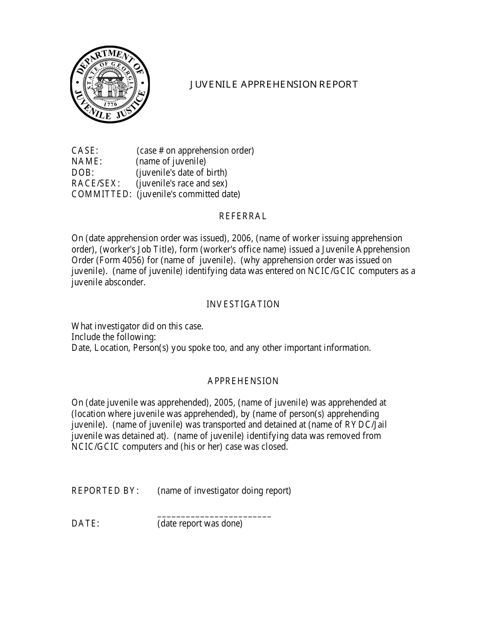 Juvenile Apprehension Report Form - Georgia (United States), Page 1