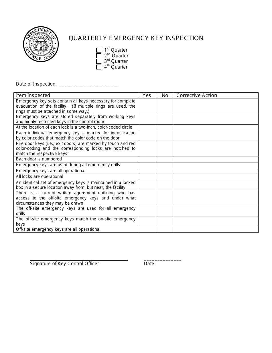 Quarterly Emergency Key Inspection Form - Georgia (United States), Page 1