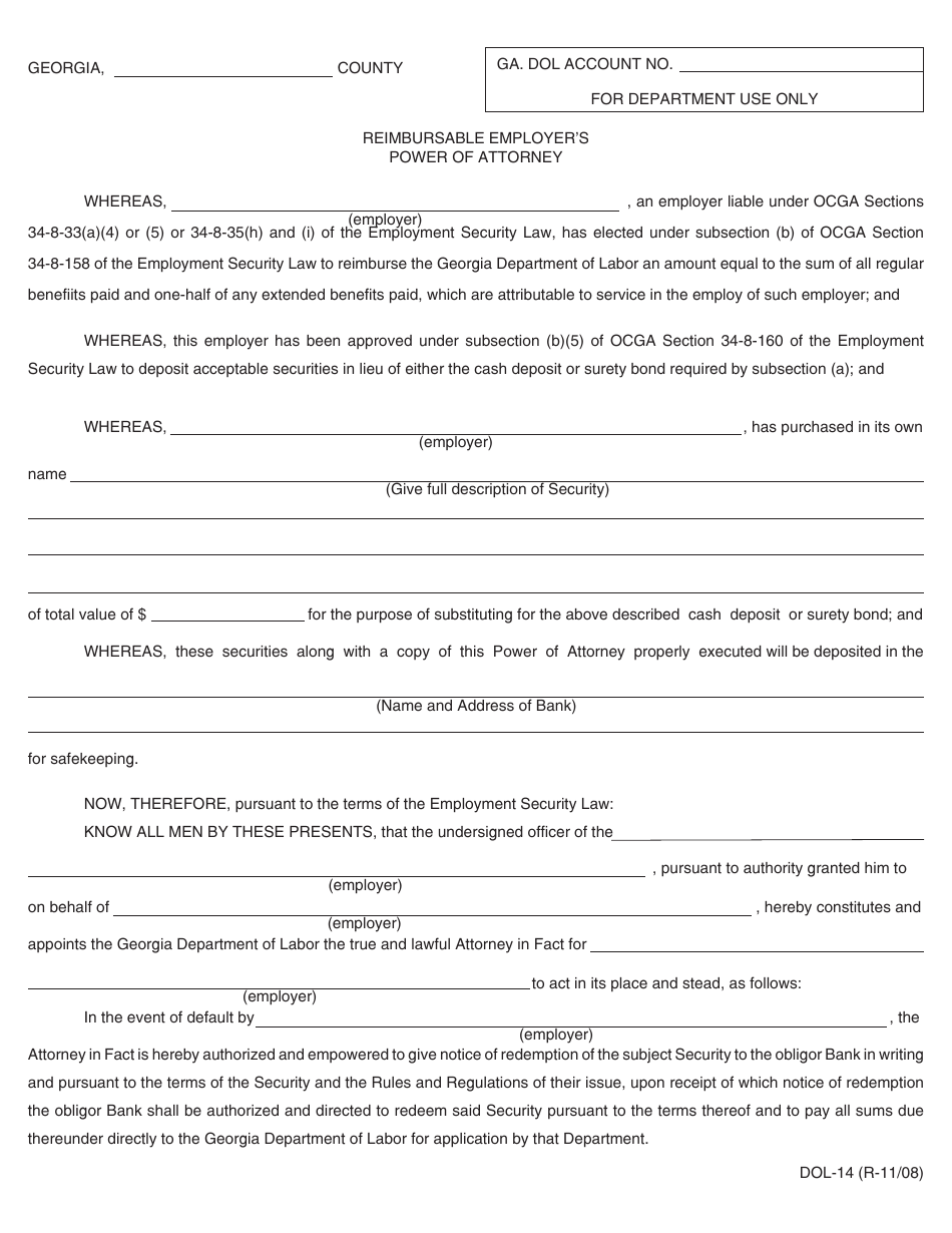 Form Dol 14 Download Printable Pdf Or Fill Online Reimbursable Employer S Power Of Attorney Georgia United States Templateroller