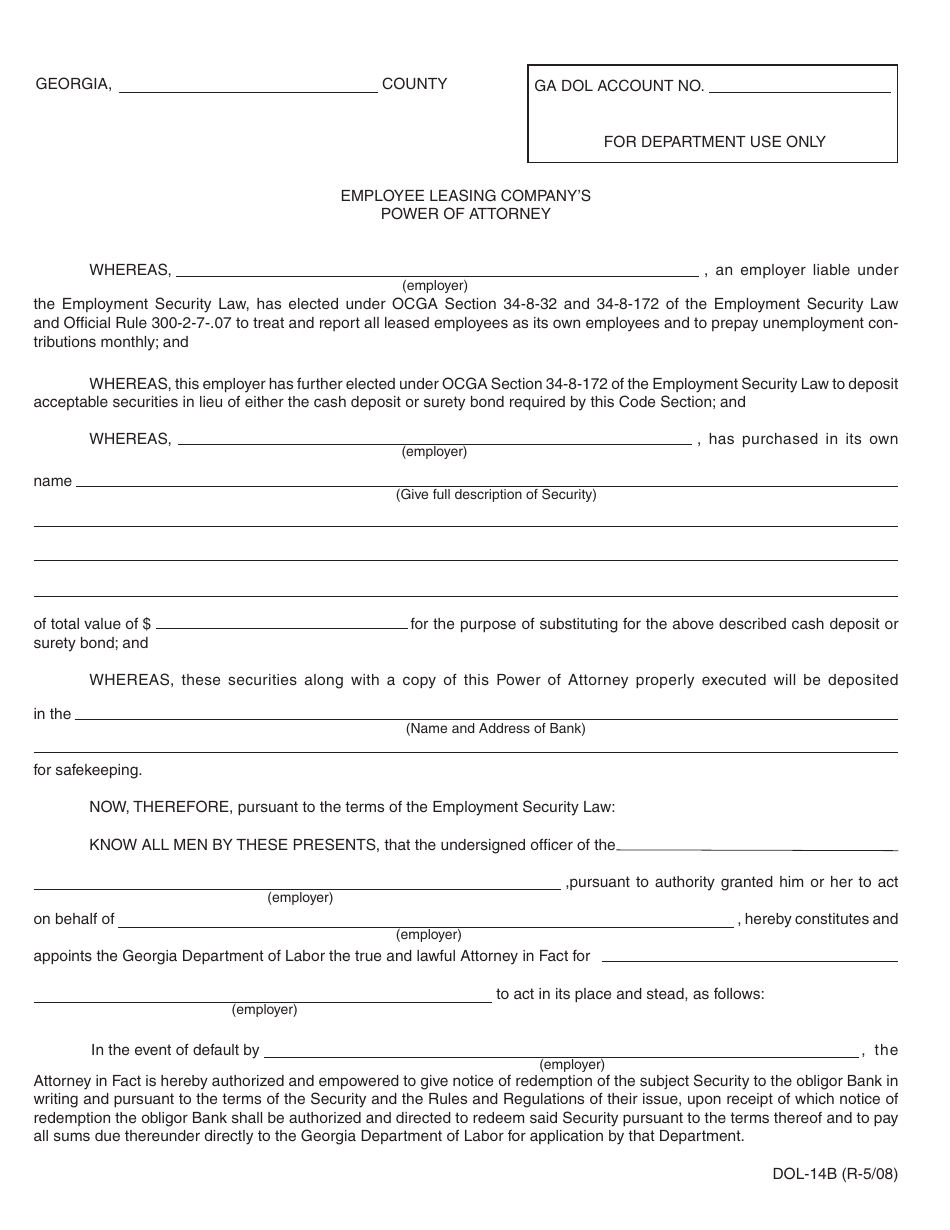 Form DOL-14B Employee Leasing Company's Power of Attorney - Georgia (United States), Page 1