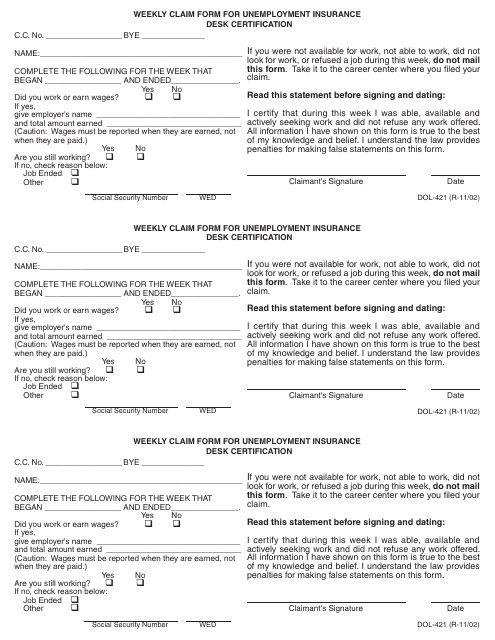 Form DOL-421 Weekly Claim Form for Unemployment Insurance Desk Certification - Georgia (United States)
