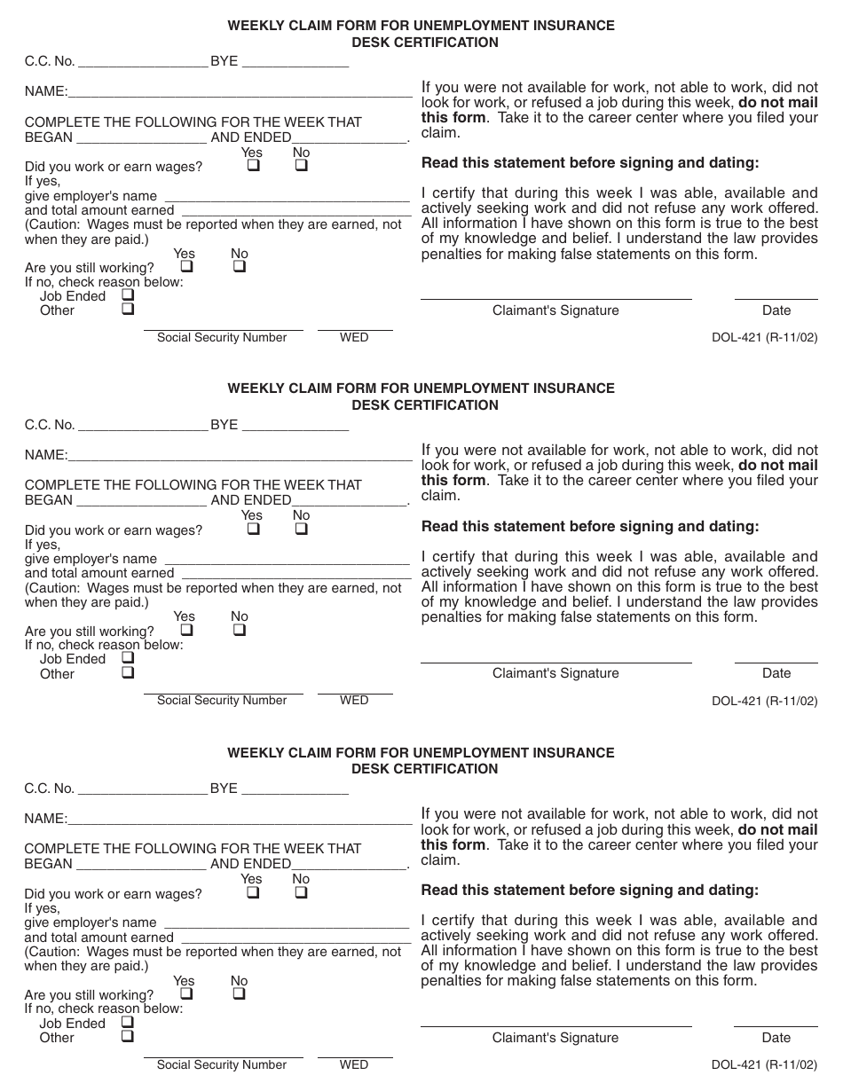 Form DOL-421 Weekly Claim Form for Unemployment Insurance Desk Certification - Georgia (United States), Page 1