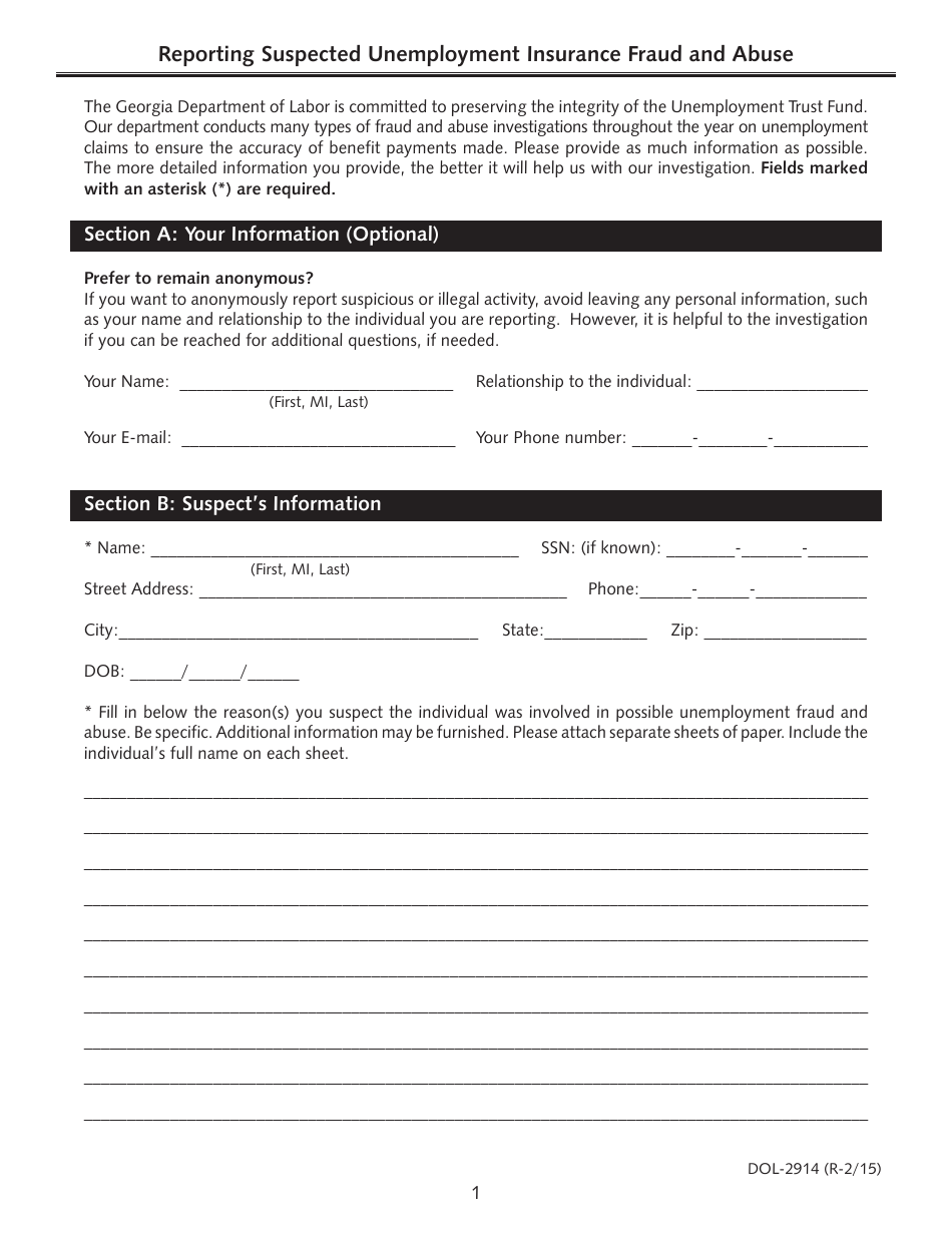 Form DOL-2914 Reporting Suspected Unemployment Insurance Fraud and Abuse - Georgia (United States), Page 1