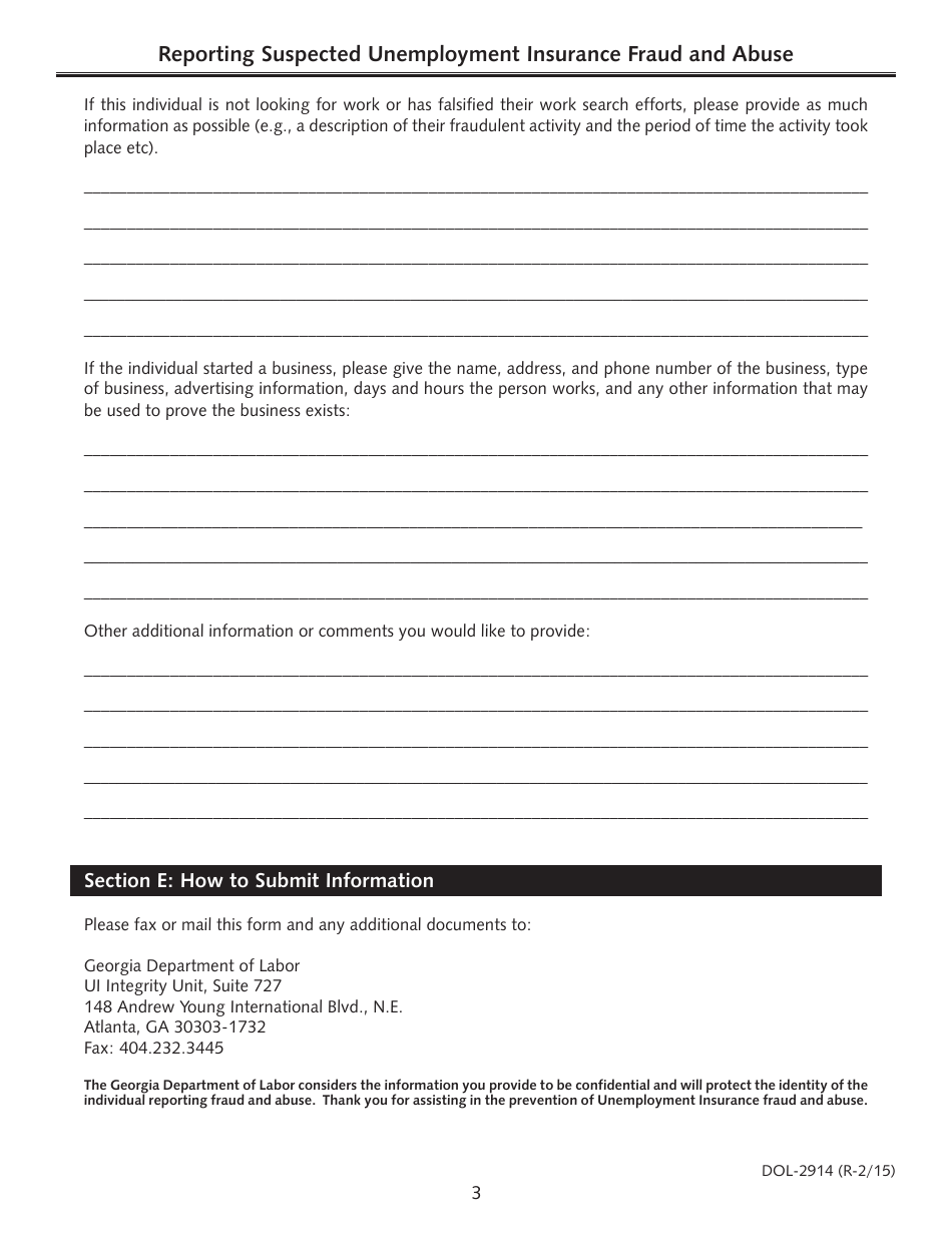 Form DOL-2914 Reporting Suspected Unemployment Insurance Fraud and Abuse - Georgia (United States), Page 3