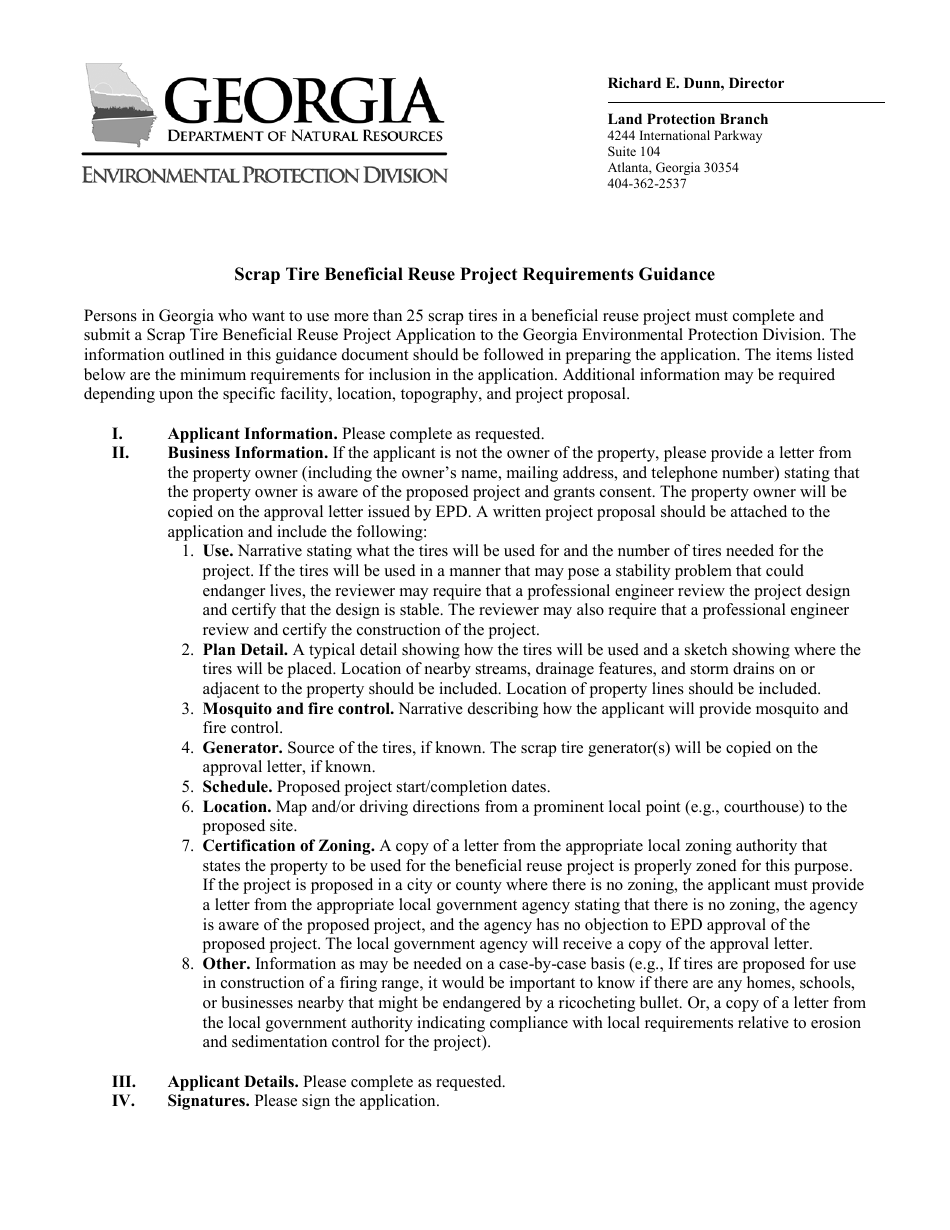 Instructions for Scrap Tire Beneficial Reuse Project Application Form - Georgia (United States), Page 1