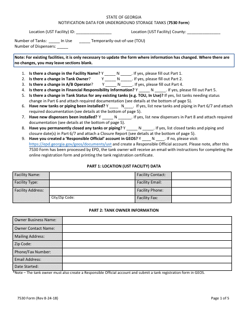 Form 7530 Notification Data for Underground Storage Tanks - Georgia (United States)