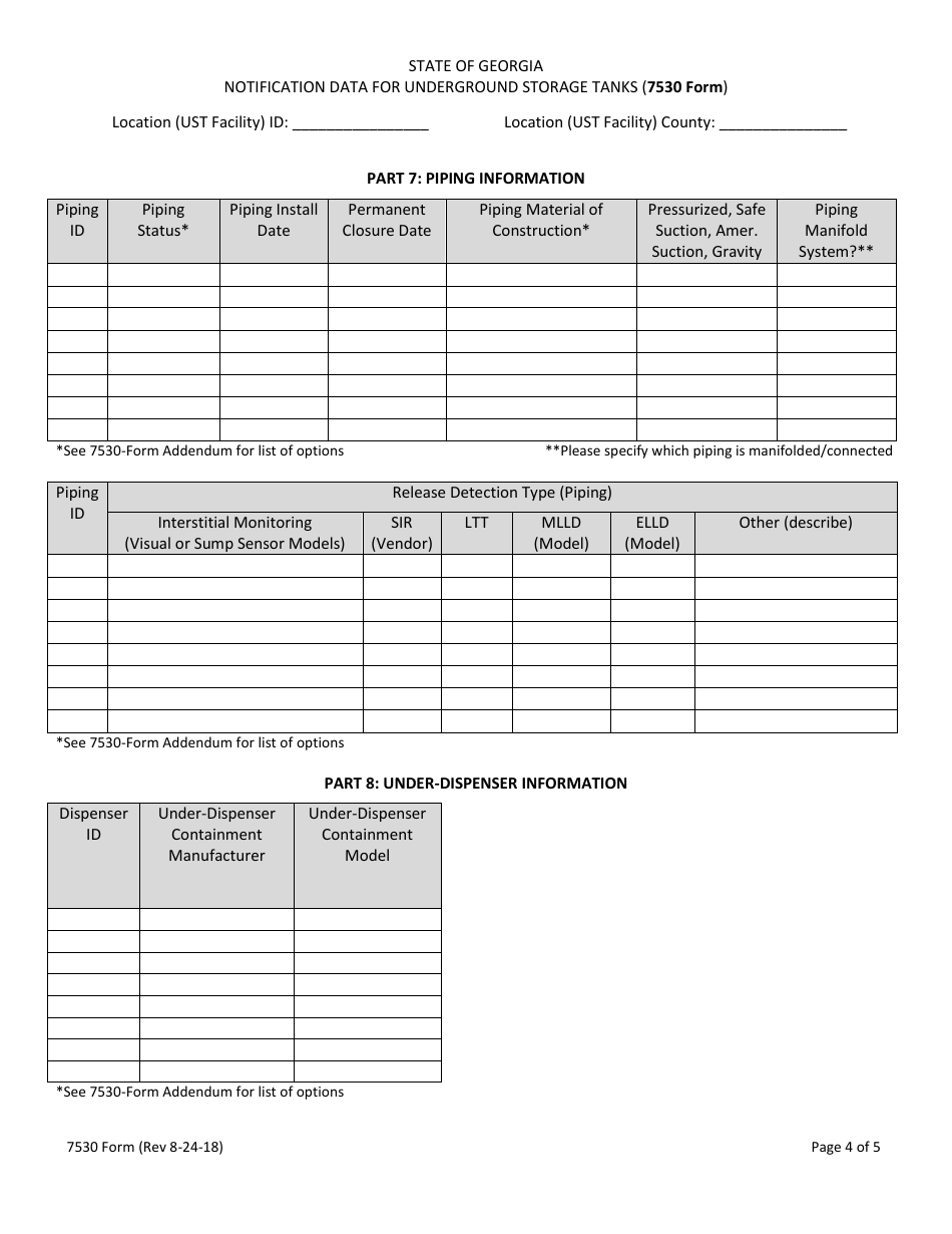 Form 7530 Notification Data for Underground Storage Tanks - Georgia (United States), Page 4