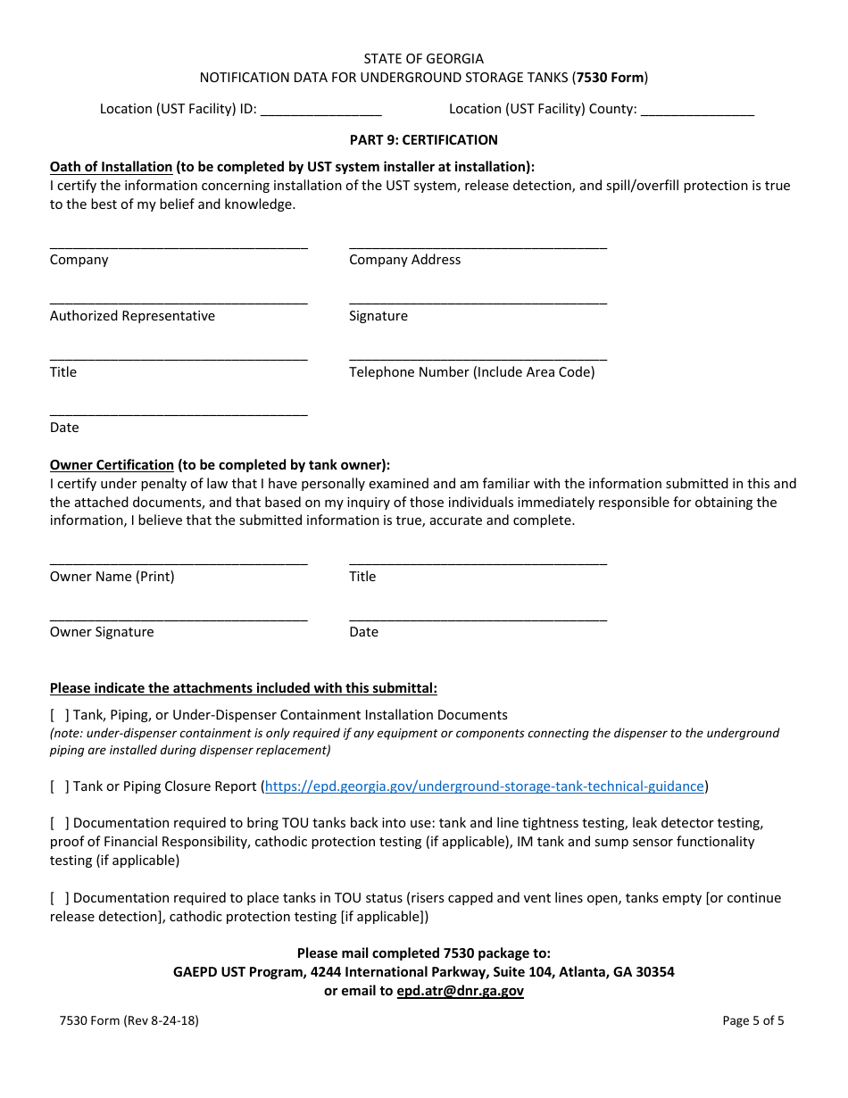 Form 7530 Notification Data for Underground Storage Tanks - Georgia (United States), Page 5