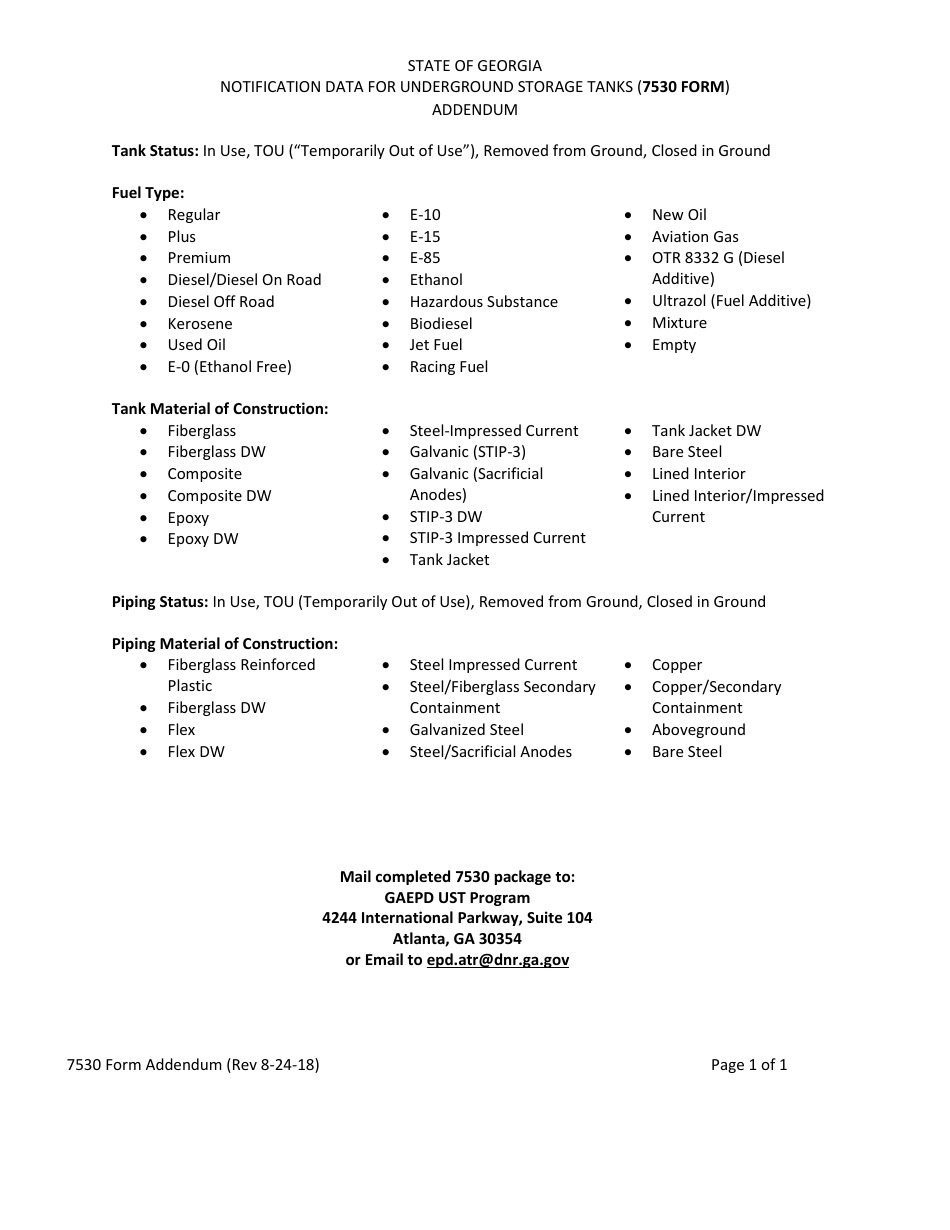 Form 7530 Notification Data for Underground Storage Tanks - Georgia (United States), Page 6