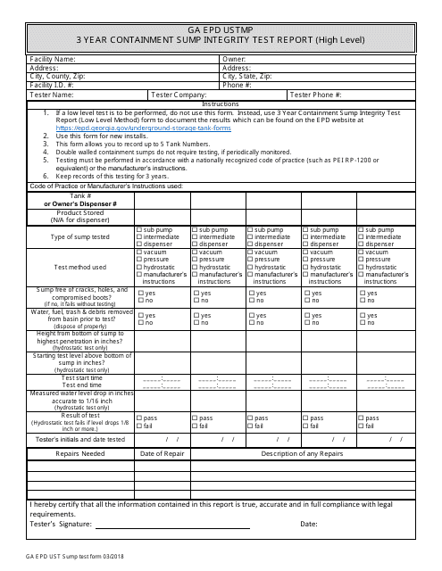 3 Year Containment Sump Integrity Test Report Form (High Level) - Georgia (United States) Download Pdf