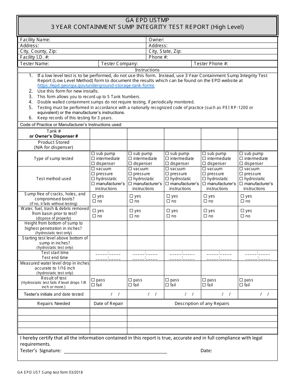 3 Year Containment Sump Integrity Test Report Form (High Level) - Georgia (United States), Page 1