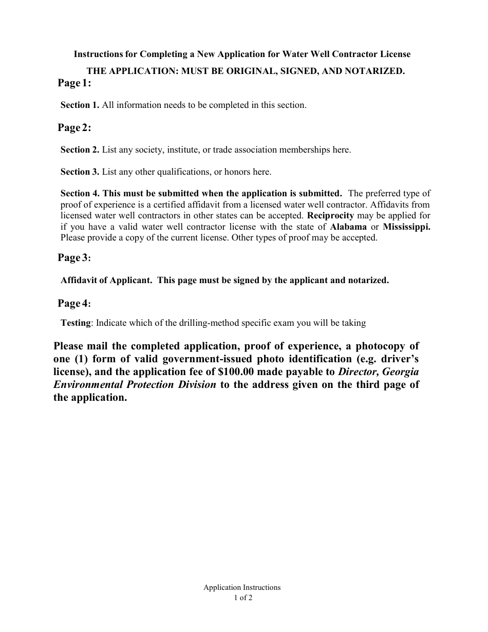 Application for a License to Practice as a Water Well Contractor - Georgia (United States), Page 1
