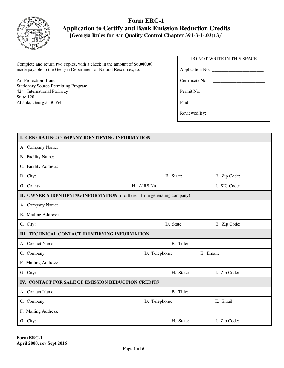 Form ERC-1 Application to Certify and Bank Emission Reduction Credits [georgia Rules for Air Quality Control Chapter 391-3-1-.03(13)] - Georgia (United States), Page 1