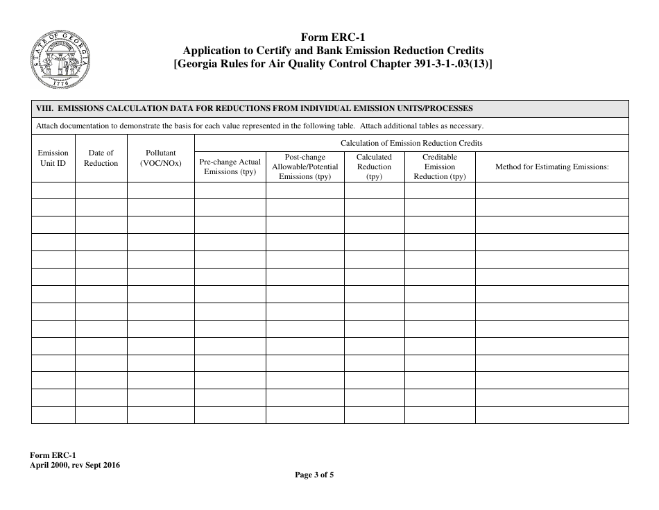 Form ERC-1 Application to Certify and Bank Emission Reduction Credits [georgia Rules for Air Quality Control Chapter 391-3-1-.03(13)] - Georgia (United States), Page 3