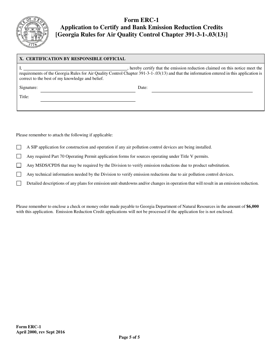 Form ERC-1 Application to Certify and Bank Emission Reduction Credits [georgia Rules for Air Quality Control Chapter 391-3-1-.03(13)] - Georgia (United States), Page 5