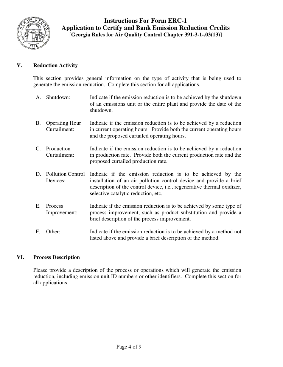 Instructions for Form ERC-1 Application to Certify and Bank Emissionreduction Credits [georgia Rules for Air Quality Control Chapter 391-3-1-.03(13)] - Georgia (United States), Page 4