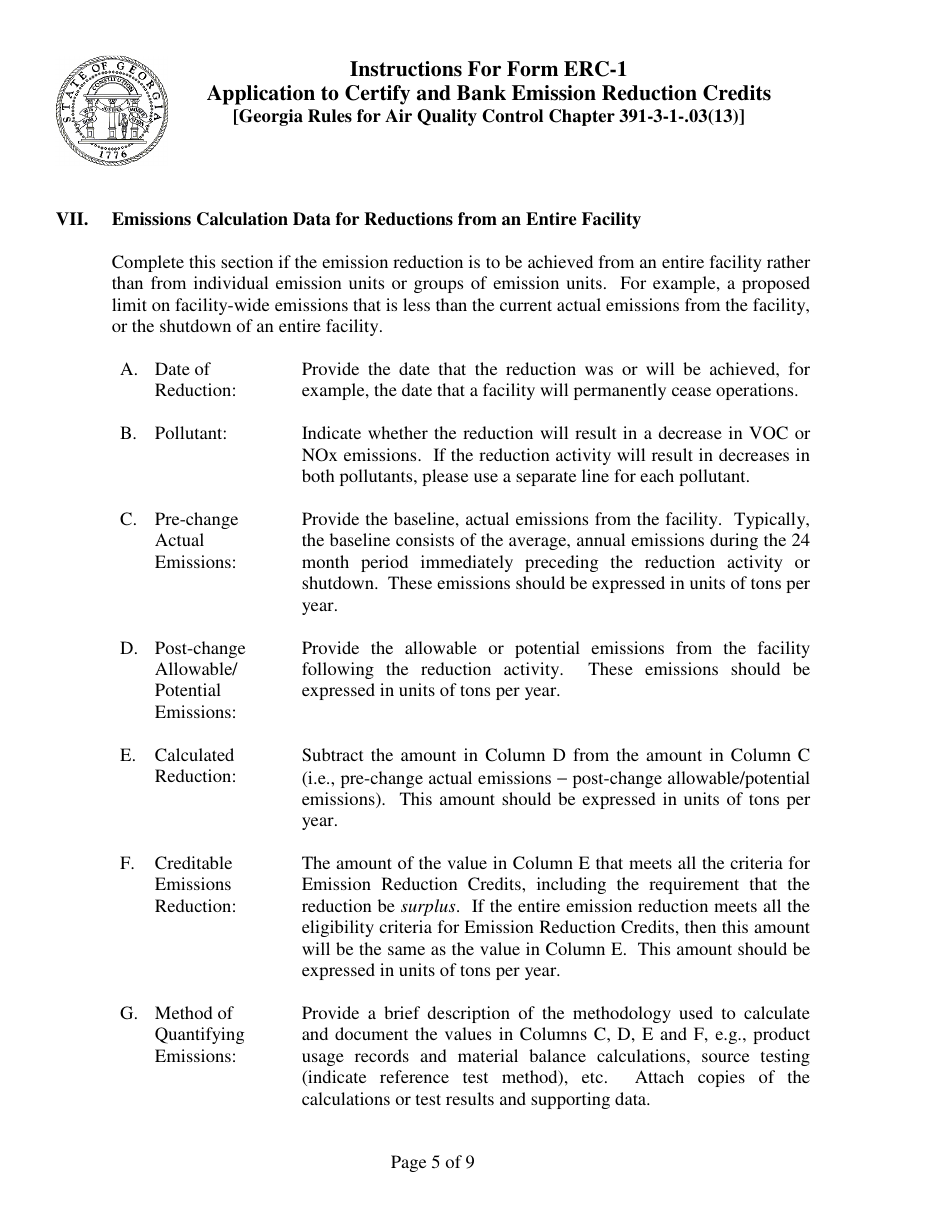 Instructions for Form ERC-1 Application to Certify and Bank Emissionreduction Credits [georgia Rules for Air Quality Control Chapter 391-3-1-.03(13)] - Georgia (United States), Page 5
