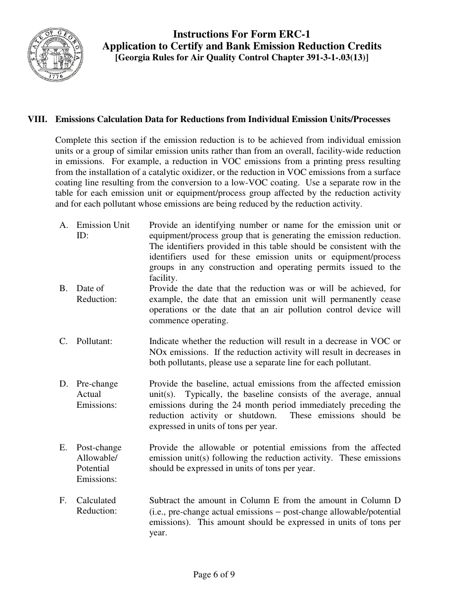 Instructions for Form ERC-1 Application to Certify and Bank Emissionreduction Credits [georgia Rules for Air Quality Control Chapter 391-3-1-.03(13)] - Georgia (United States), Page 6