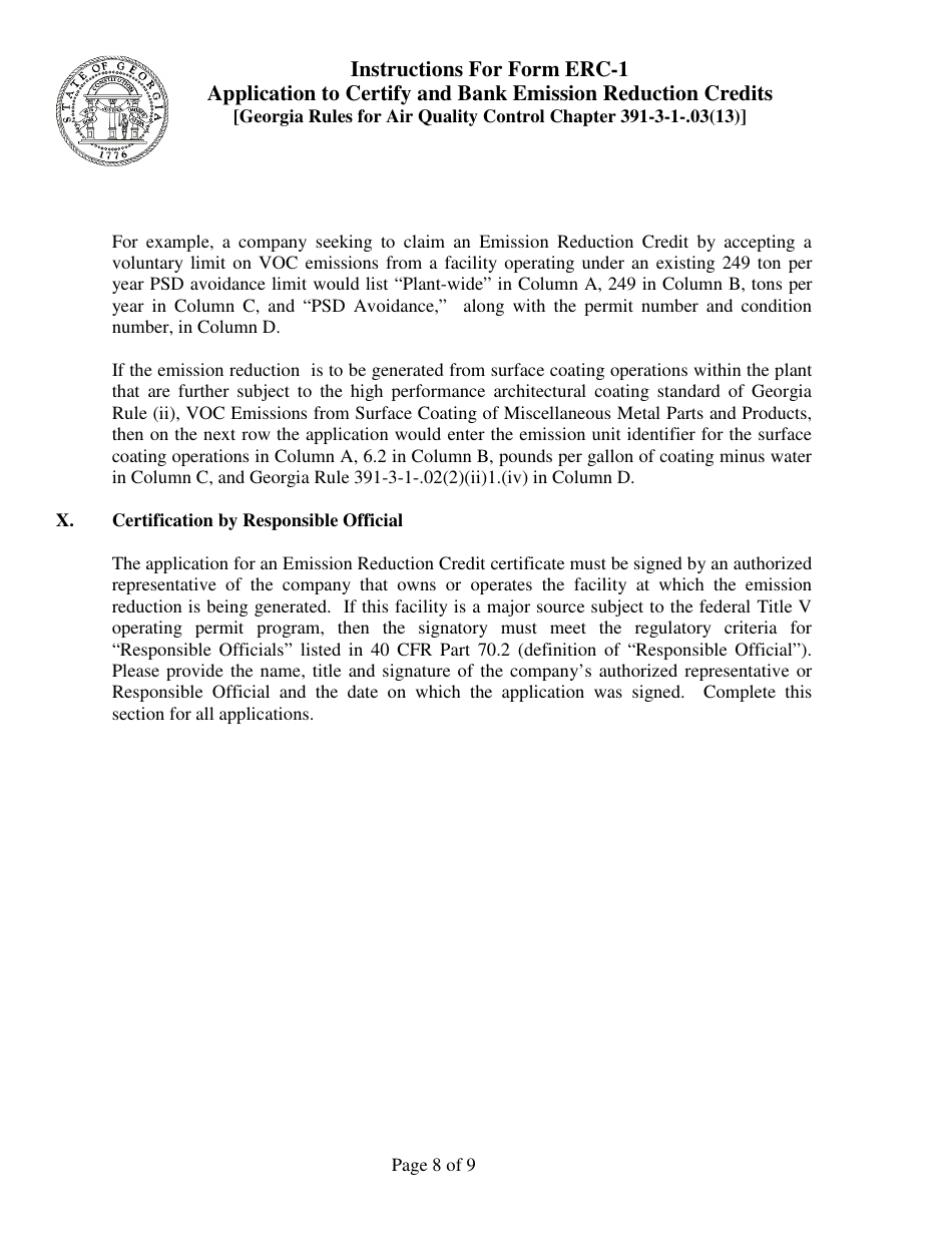 Instructions for Form ERC-1 Application to Certify and Bank Emissionreduction Credits [georgia Rules for Air Quality Control Chapter 391-3-1-.03(13)] - Georgia (United States), Page 8
