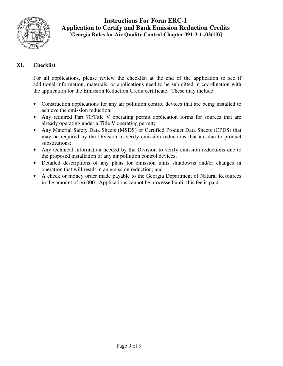 Instructions for Form ERC-1 Application to Certify and Bank Emissionreduction Credits [georgia Rules for Air Quality Control Chapter 391-3-1-.03(13)] - Georgia (United States), Page 9