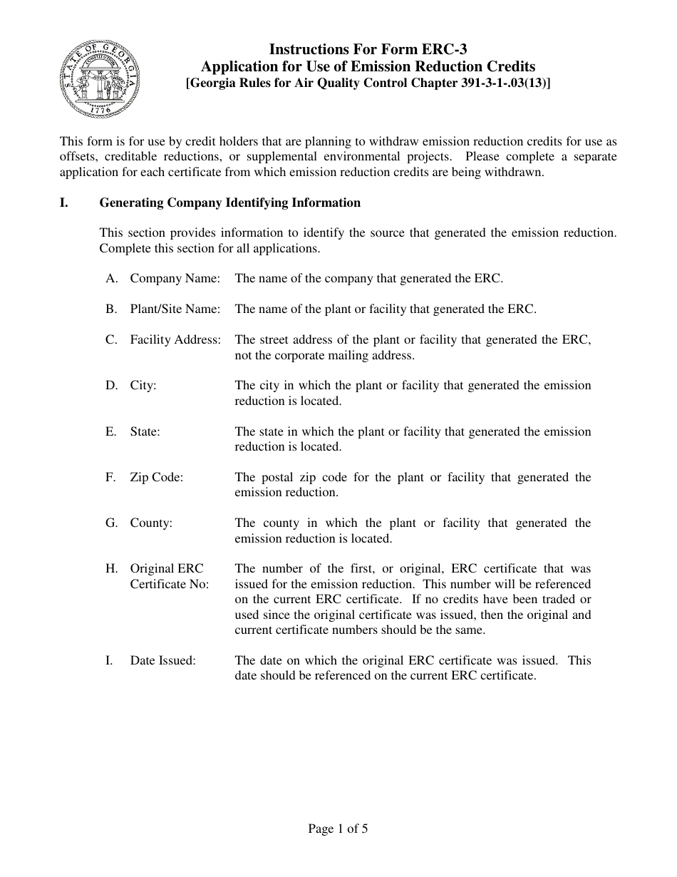 Instructions for Form ERC-3 Application for Use of Emission Reduction Credits [georgia Rules for Air Quality Control Chapter 391-3-1-.03(13)] - Georgia (United States), Page 1
