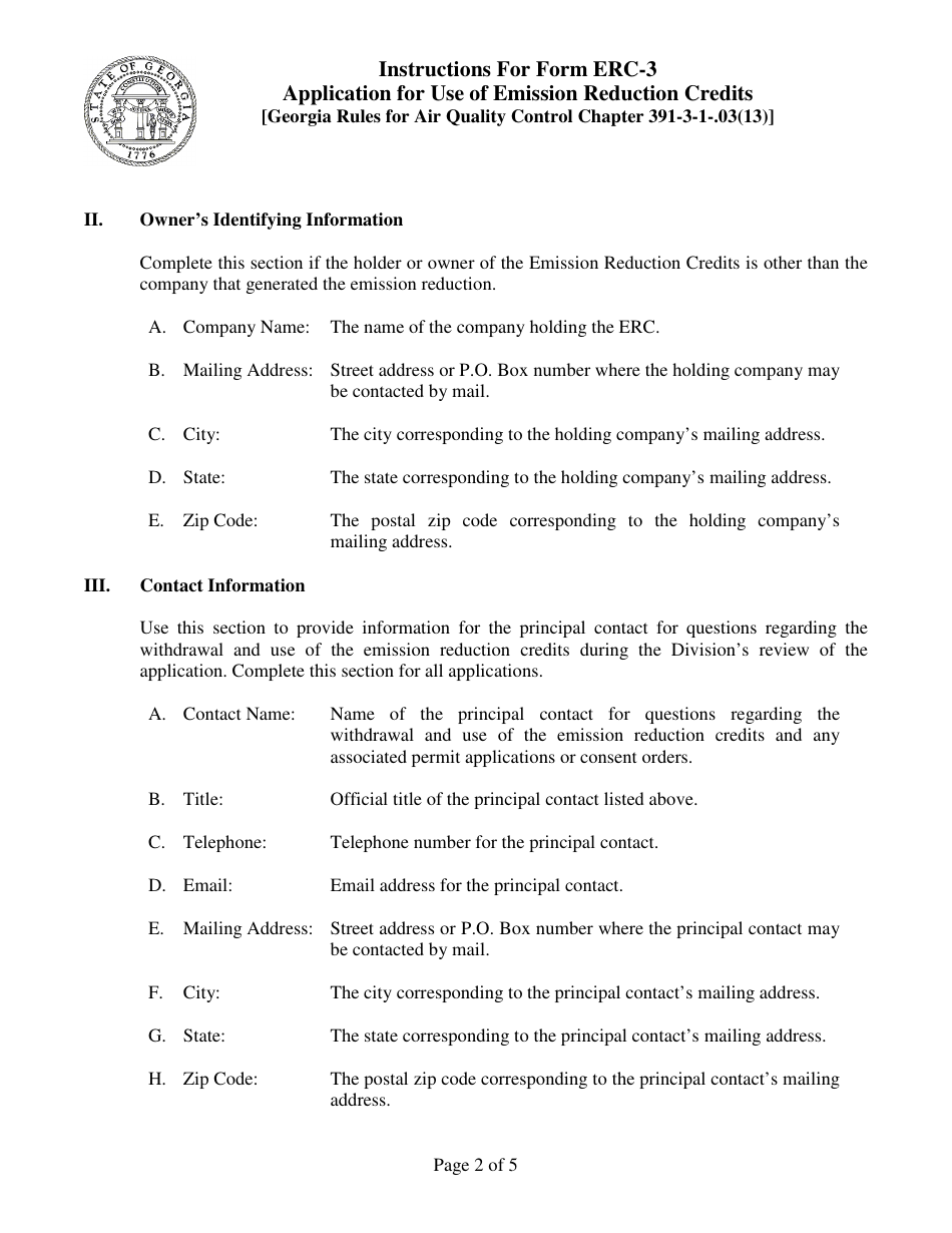 Instructions for Form ERC-3 Application for Use of Emission Reduction Credits [georgia Rules for Air Quality Control Chapter 391-3-1-.03(13)] - Georgia (United States), Page 2