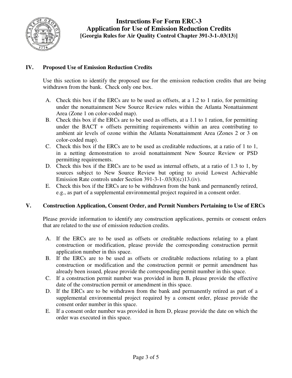 Instructions for Form ERC-3 Application for Use of Emission Reduction Credits [georgia Rules for Air Quality Control Chapter 391-3-1-.03(13)] - Georgia (United States), Page 3