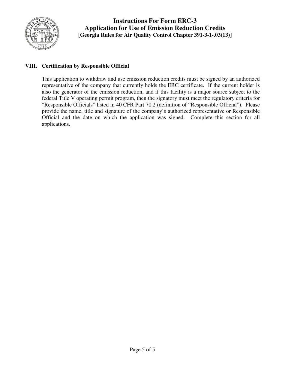 Instructions for Form ERC-3 Application for Use of Emission Reduction Credits [georgia Rules for Air Quality Control Chapter 391-3-1-.03(13)] - Georgia (United States), Page 5