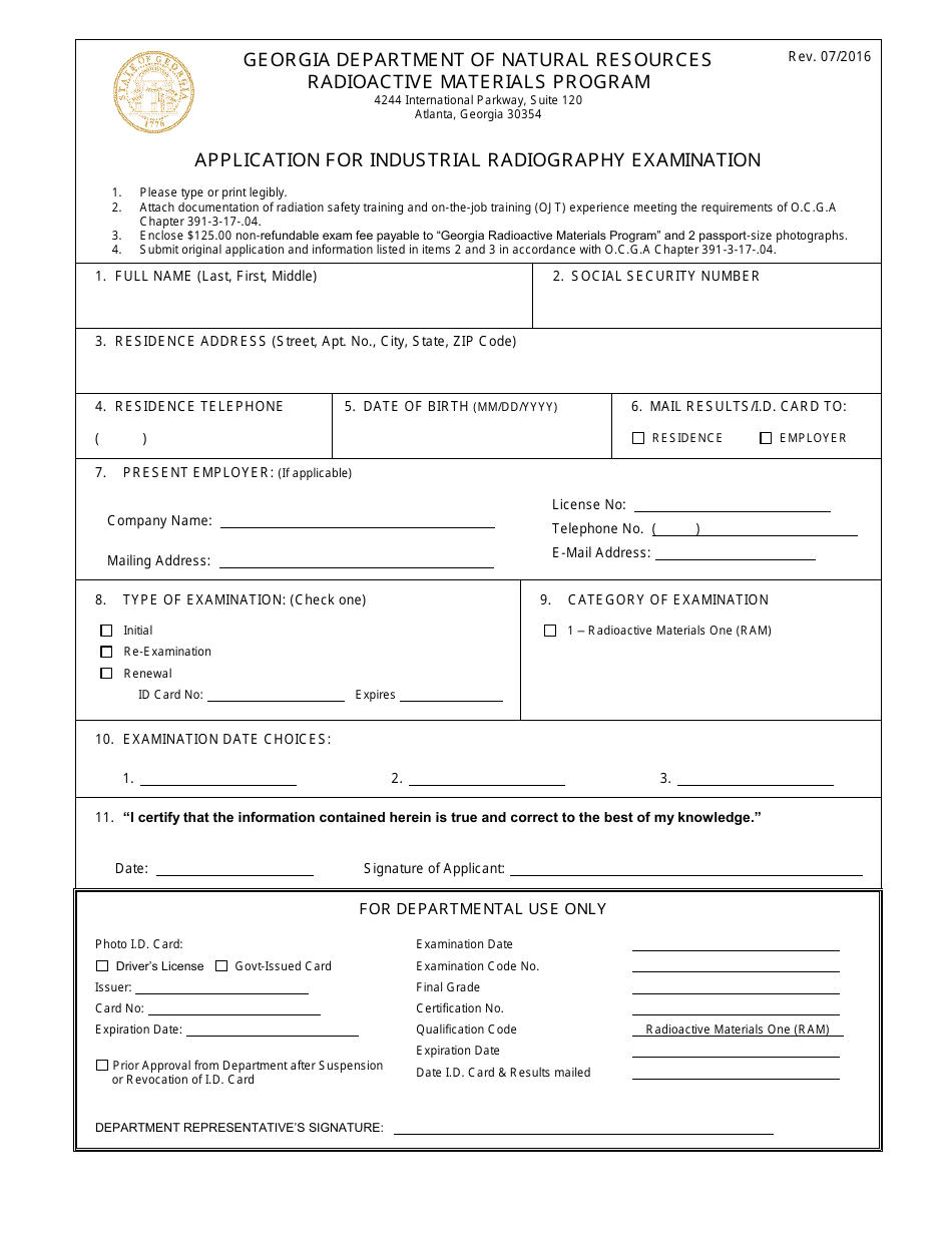 Application for Industrial Radiography Examination - Georgia (United States), Page 1