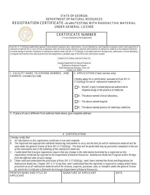 Registration Certificate--in Vitro Testing With Radioactive Material Under General License - Georgia (United States) Download Pdf