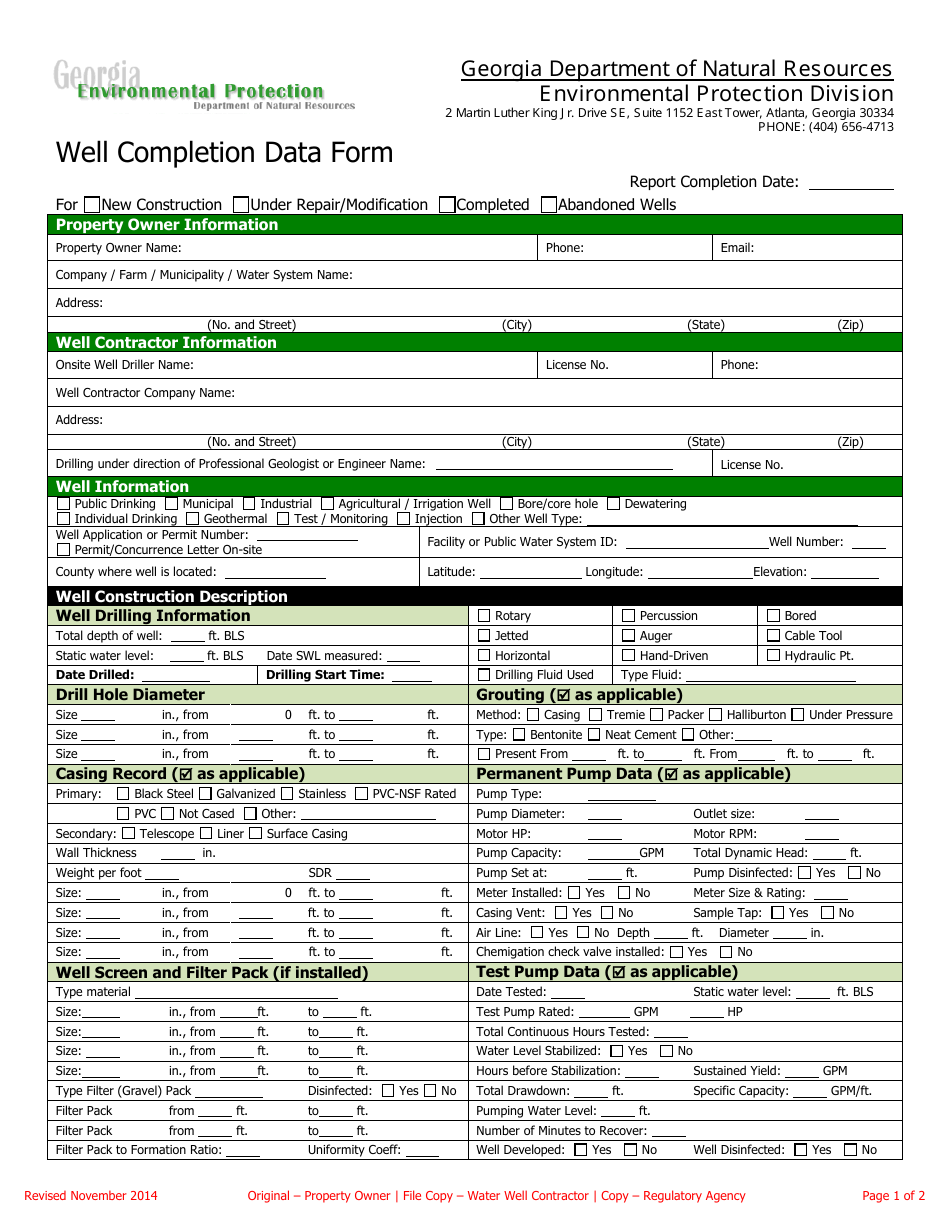 Well Completion Data Form - Georgia (United States), Page 1